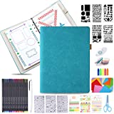 Dotted Journal Kit, Tebik A5 Bullet Grid Journal loose leaf with 6 Ring Binder, 240 Pages, 15 Colored Pens, Stencils, Stickers, Tapes for Journal Diary Schedule Planner, 5.25" x 8.25" - Teal