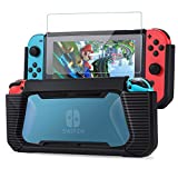 Tasikar Heavy Duty Case Compatible with Nintendo Switch Enhanced Grip Rubberized Protective Cover Case with Tempered Glass Screen Protector (Black - Blue)