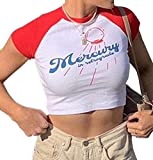 Meladyan Women Y2K Letter Graphic Print Colorblock Short Sleeve Cropped Tee Shirts Casual Slim Fit Raglan Tee Crop Tops