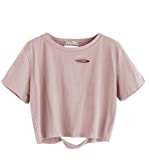 SweatyRocks Women's Summer Short Sleeve Tee Distressed Ripped Crop T-shirt Tops Pink M