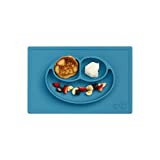 ezpz Happy Mat (Blue) New Version - 100% Silicone Suction Plate with Built-in Placemat for Toddlers + Preschoolers - Divided Plate - Dishwasher Safe