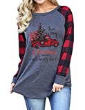 Womens This is My Christmas Movies Watching Shirt Plaid Raglan Long Sleeve Red Truck Christmas Tree T-Shirts Xmas Vacation Tee Tops XL