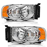 AUTOSAVER88 Headlight Assembly Compatible with 2002-2005 Dodge Ram Pickup Truck OE Style Replacement Headlamps Chrome Housing with Amber Reflector Clear Lens