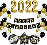 2022 New Years Eve Party Supplies 32Inches Gold Balloon Happy New Year Decoration Banner 12Inches Gold Black Balloon 18Inches Foil Balloon as Party Decor Backdrop for Photography