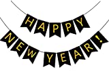 FECEDY Happy New Year Banner Black Bunting with Gold Alphabet for New Year Party Supplier Eve Party Decorations