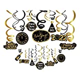 Kristin Paradise 30Ct Happy New Years Eve Hanging Swirl Decorations, 2022 NYE Glitter Gold Black Decor, NY Theme Party Supplies Pack, Eve-Nye Party Favors for Adult, Foil Home Decorating Kit