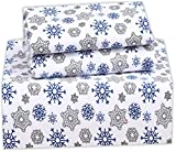 Ruvanti 100% Cotton 4 Piece Flannel Sheets King Snow Flake Print Deep Pocket -Warm-Super Soft - Breathable Moisture Wicking Flannel Bed Sheet Set King Include Flat Sheet, Fitted Sheet 2 Pillowcases