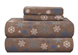 Pointehaven Heavy Weight Printed Flannel Sheet Set, King, Snow Flakes/Tan