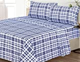 Ruvanti 100% Cotton 4 Pcs Flannel Sheets King Blue White Plaid Deep Pocket -Warm-Super Soft - Breathable Moisture Wicking Flannel Bed Sheet Set King Include Flat Sheet, Fitted Sheet 2 Pillowcases