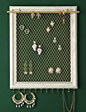 Heesch Hanging Earring Organizer Frame Wall Mounted Jewelry Holder Vintage Rustic Stud Earring Display with Removable Rod and 12 Hooks for Necklaces, Bracelets and Rings (Distressed White)