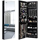 Giantex Wall Door Jewelry Armoire Cabinet with Full-Length Mirror, 2 LEDs Lockable Large Storage Jewelry Organizer with Wide Mirror, Makeup Pouch, Bracelet Rod, Jewelry Amoires w/ 2 Drawers (Black)