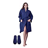 LOTUS LINEN Short Waffle robes for Women Cotton Soft Lightweight Bath robe for Female, Womens Robes Knee Length (Medium, Navy)
