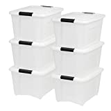 IRIS USA 32 Qt. Plastic Storage Bin Tote Organizing Container with Durable Lid and Secure Latching Buckles, Stackable and Nestable, 6 Pack, Pearl with Black Buckle