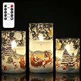 DRomance White Christmas Glass Flickering Flameless Candles Battery Operated with 10-Key Remote and Timer Set of 3 Real Wax Holiday LED Window Pillar Decor Candles(Santa Decal, 3 x 4, 5, 6 Inches)