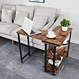 Sofa Side Table with Storage Shelves Mobile Swivel End Table with Universal Wheels,L Shape Rolling Couch Table Desk for Living Room Bedroom,Brown