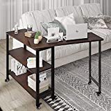 Rotating Sofa Side Table, Mobile End Table 360°Couch Desk Snack Side Table with 2 Tiers Storage Shelves 6 Universal Casters Movable Laptop Table with Sturdy Metal Frame for Home Office, Walnut Brown