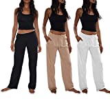 Sexy Basics Women's 3 Pack Soft Flex-Cotton Knit Pajama Pants/Lounge Pants/Sleep Pants (3 Pack-Black/White/Khaki, Large)