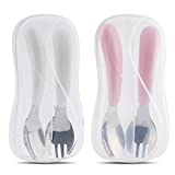 2-Set Toddler Fork and Spoon Set Kirecoo Baby Utensils Set with Carrying Case, Designed for Self Feeding and Training Child Tableware Travel Set (White & Pink)