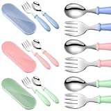 3 Sets Toddler Utensils Toddler Safe Flatware Set with Silicone Handle Kids Eating Utensils Fork Spoon Stainless Steel Cutlery Set Children Cutlery with Travel Cases (Blue, Green, Pink)