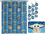 Jay Franco Star Wars The Mandalorian Blue Space 14 Piece Bathroom Set - Includes Shower Curtain, 12 Hooks, & Non-Slip Bath Rug - Easy Care Fabric Features Baby Yoda Grogu (Official Star Wars Product)