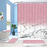 ENYORSEL Four-Piece Shower Curtain Set with Rug (Pink and Marbling), Including Premium Shower Curtain Sets, Soft Bathroom Non-Slip Floor Mat,U-Shaped Floor Mat and Toilet Lid Oval Mat, with 12 Hooks