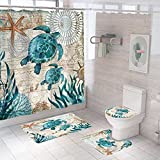 Nautical Blue Sea Bathroom Sets with Shower Curtain and Rugs and Accessories, Ocean Turtle Shower Curtain Sets with 12 Hooks, Bath Mat Set Bathroom Decor by Durable Waterproof Fabric Shower Curtain