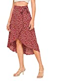 SheIn Women's Boho Ditsy Floral Knot High Waisted Wrap Split Midi Skirt Red Small