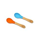 Avanchy First Stage Baby Feeding Spoons Natural Bamboo Soft Silicone Soft Tip Baby Spoon, Training Spoon Holds, Travel Gift Set for Baby – 2 Pack (Orange, Blue)