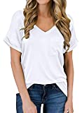 MIHOLL Women's Short Sleeve V-Neck Shirts Loose Casual Tee T-Shirt (White, XX-Large)