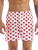 FEESHOW Men's Satin Boxers Silk Sleepwear Underwear Heart Print Shorts Lounge Beach Shorts White Medium
