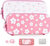 LightPro Girl Carrying Case for Nintendo Switch Lite - Cute Pink Sakura Flower Storage Travel Shoulder Bag with Thumb Grips Tempered Protective Screen Removable Wrist Strap Shoulder Strap(Pink/White)