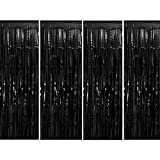 Muhome Black Foil Fringe Curtain, 4PCS 3.28FT x 8.2FT Metallic Tinsel Door Curtains Photo Booth Backdrop for Wedding Birthday Bridal Shower Baby Shower Christmas New Year Party Decorations