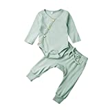 Newborn Unisex Baby Organic Cotton Kimono Onesies+Solid Pants-Basic Plain Rib Stitch Knitted Outfits Set (Green, 0-3 Months)