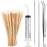 Tonsil Stone Removal Set Includes 2 Stainless Steel Tonsil Stone Removal Tools, 1 Stainless Steel Elbow Tweezers and 100 Long Swabs with 1 Curved Irrigator Syringe to Get Rid of Bad Breath