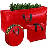 MCEAST 3 Pieces Christmas Storage Case Christmas Tree Storage Bags Artificial Disassembled Tree Container Holiday Garland Bags with Durable Handles, Waterproof Material Protects from Dust (Red)