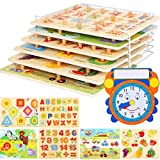 Premium Puzzles for Toddlers and Rack Set - (7 Pack) Includes Learning Clock - Alphabet, Numbers, Shapes, Animals, Cars, Fruits