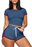 2 Piece Outfits for Women Causal Solid Summer Short Sets Blue XXL