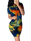 Women's Yoga Two Piece Tracksuit Tie Dye Short Sleeve Tee Biker Shorts Set Sportswear Dark Blue M