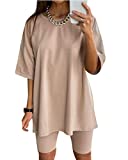 Glamaker Women 2 Piece Outfit sets Casual Oversized T-Shirt Tops Biker Shorts Workout Sport s Tracksuit Khaki Medium