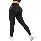 RXRXCOCO Women Crossover Leggings with Pockets for Women High Waisted Athletic Workout Gym Yoga Pants Black Medium