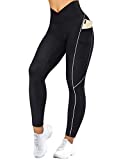 SUUKSESS Women Reflective High Waisted Running Leggings with Pockets Cross Waist Yoga Pants (Black, M)