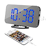 Oenbopo Alarm Clock, LED Digital Clock with 6.5" Large Display, Dual USB Charging Ports, Snooze Function, Diming Mode, Black Body Mirror Surface Clock for Bedroom Living Room Office (Blue Digital)