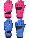 2 Pairs Kids Mittens Children Winter Snow Waterproof Thick Warm Windproof Gloves for Girls Boys (Blue and Rose Red Snowflake Style, 8 - 14 Years)