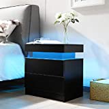 Generic Bedside Table with 2 Drawers, LED Nightstand Wooden Cabinet Unit with LED Lights for Bedroom, End Table Side Table for Bedroom Living Room, Black