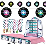 Fabulous 50’s Party Decorations Kit with Diner Tablecover, 3-D Jukebox Centerpiece, Rock n Roll Records Banner, and Sock Hop Hanging Whirls - Perfect for your Birthday Party, Reunion, & Anniversary