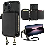 Bocasal RFID Blocking Wallet Case for iPhone 13, Adjustable Crossbody Zipper Purse Case Card Holder with Kickstand Detachable Wrist Strap, PU Leather Flip Folio Case 6.1 Inch 5G (Black)