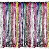 Adorox Metallic Silver Gold Rainbow Photo Backdrop Foil Fringe Curtains Party Wedding Event Decoration (Metallic Rainbow)