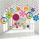 60's Hippie Theme Party Foil Swirl Decorations, 60s Groovy Party Retro Flower Cutouts Peace Sign Hanging Swirls Ceiling Decorations for 60s Hippie Theme Groovy Party Woodstock Party Supplies, 30 Count