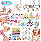 Golray 60 Pack Unicorn Party Favors Supplies Unicorn Slap Bracelets Mask Rings Keychains Tattoos Rainbow Unicorn Gifts Toys Birthday Party Favors Goodie Bags Fillers