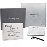 Funeral Guest Book for Memorial Service - Grey Linen Celebration of Life Hardcover with Memory Cards, Table Display Sign, and a Premium Black Pen - Complete Set